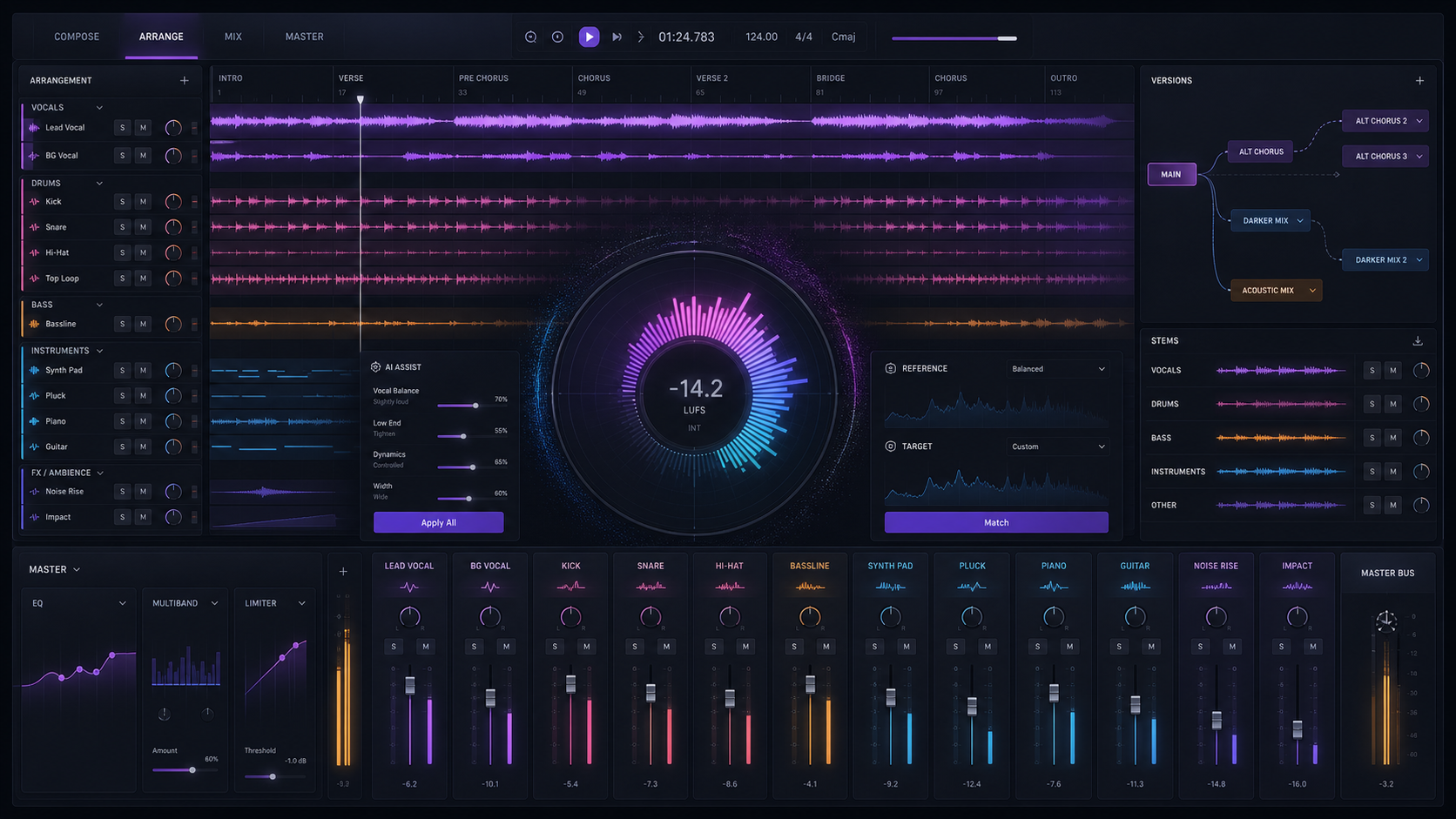 AI music production workspace with arrangement, versions, stems, mixing, and mastering